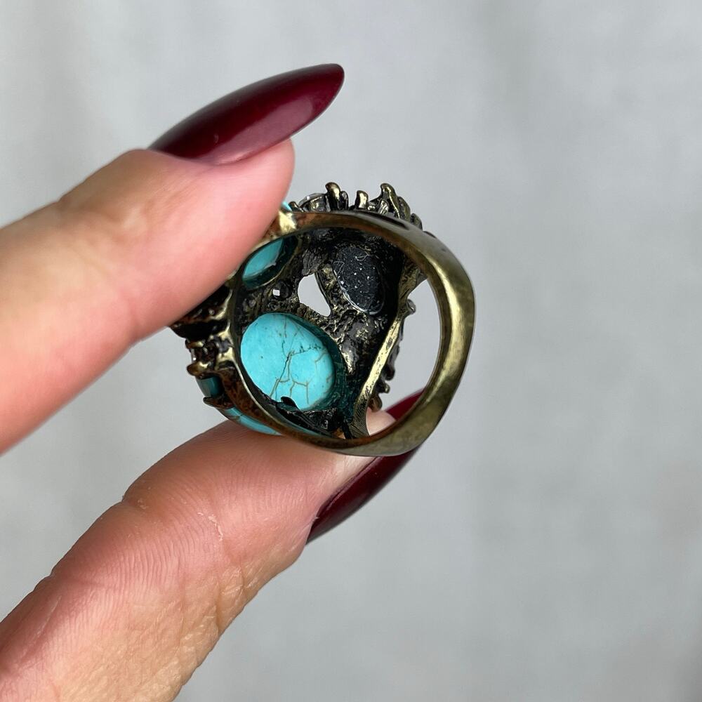 VTG Y2K Urban Outfitters Turquoise Howlite Rhinestone Statement Ring Gold 6-6.5 - Picture 14 of 16